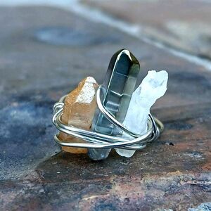 Dyed Quartz Crystal Point Beaded Ring, Wire Wrapped, Silver, Size 7, Boho Witchy